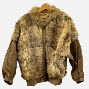 VTG Rabbit Fur Suede Bomber Jacket Convertible Vest Removable Sleeves Women M